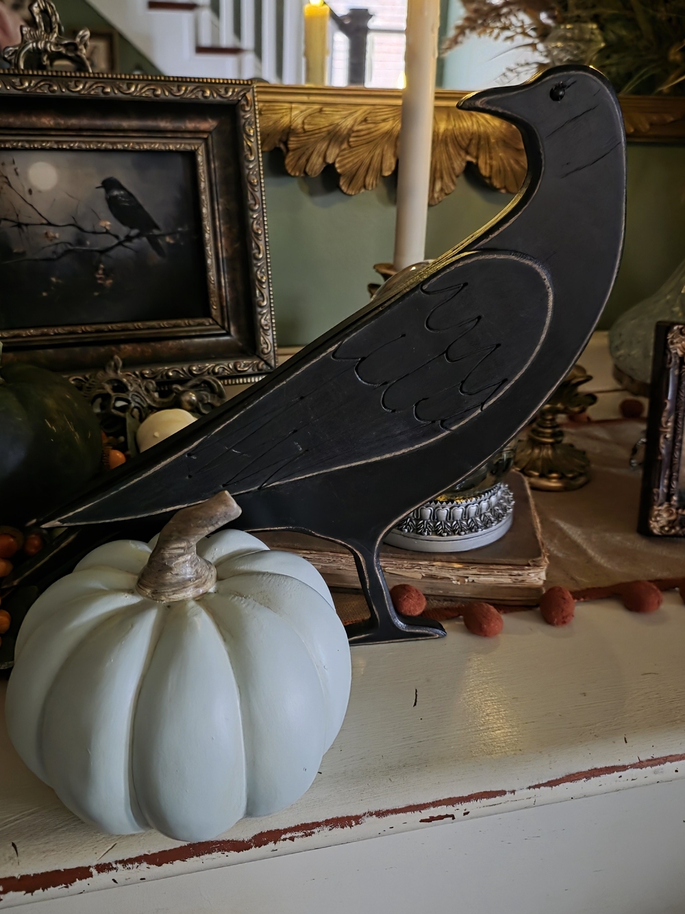 Wood Crow And Wood Blue Pumpkin